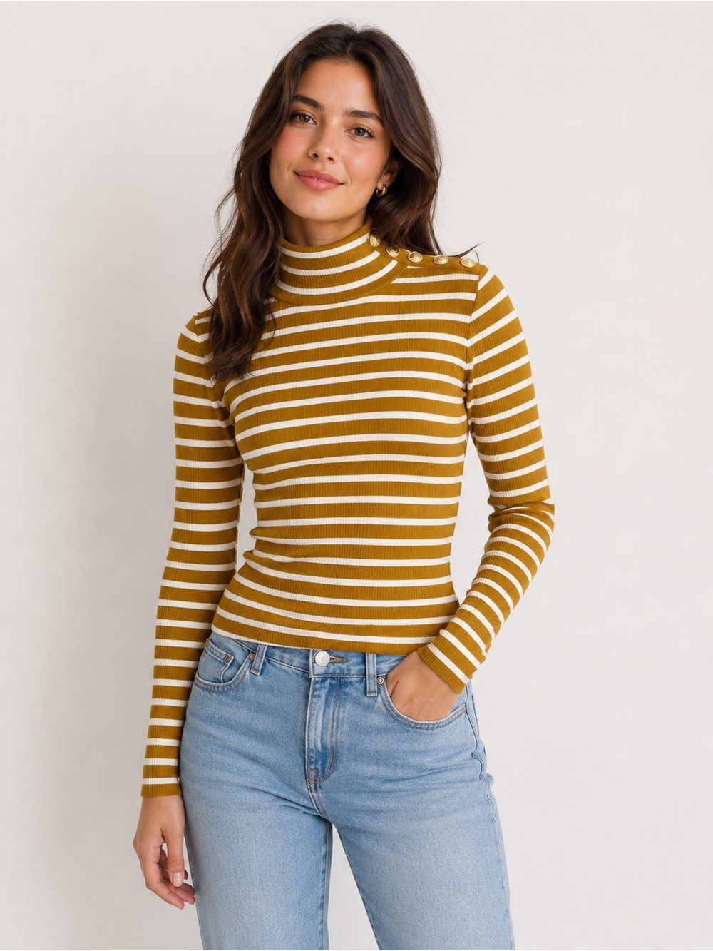J. Crew Striped Button Shoulder Mock Neck Ribbed Long Sleeve Top